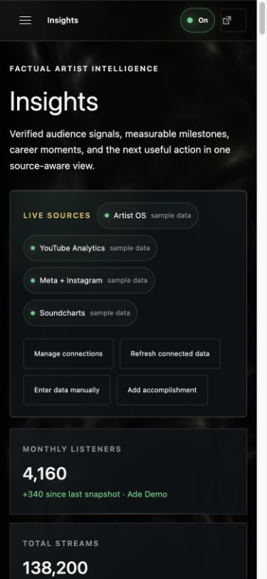 The real Artist OS Insights workspace adapted for mobile artist management