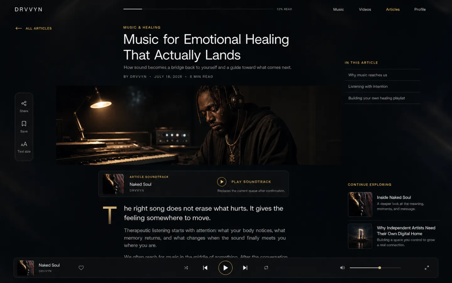 Artist article experience with discovery tools and a persistent music player