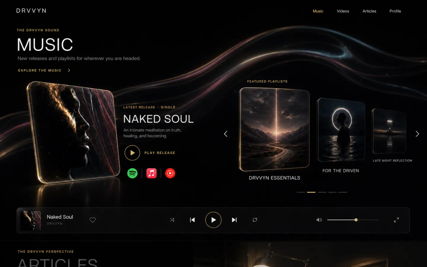 Cinematic artist homepage with interactive music and persistent player